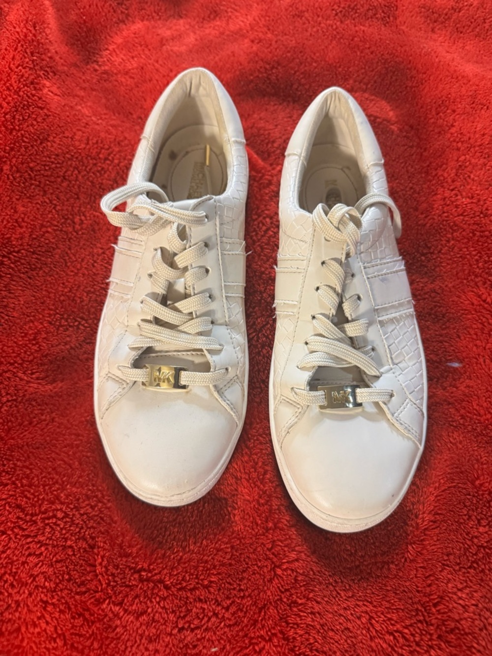 Michael Kors Cream Leather Croc-Embossed Lace-Up Sneakers with Gold Hardware